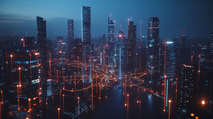 Obraz premium smart, digital, city, connection, network, innovation, Smart digital Innovation city with connection network reciprocity over the cityscape. of future smart wireless digital city and social media netw