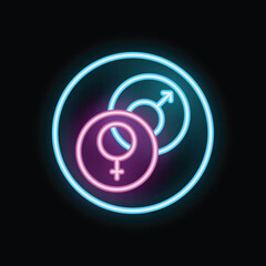 Blue and pink neon sign showing the symbols for man and woman, illustrating the concept of gender