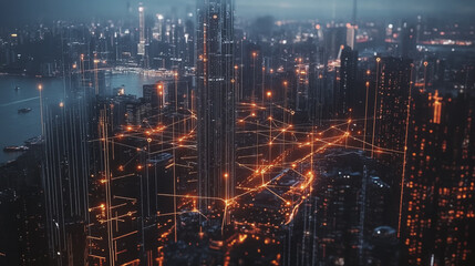 Fototapeta premium smart, digital, city, connection, network, innovation, Smart digital Innovation city with connection network reciprocity over the cityscape. of future smart wireless digital city and social media netw