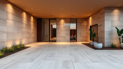 Modern home entrance with light beige stone walls, recessed lighting, large glass doors revealing interior, and potted plants flanking the entryway. The floor is a light-colored, large-format tile.