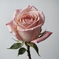 A close-up of a rosebud in pastel pink on white.