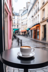 Fototapeta premium A small round table with a golden croissant on a white plate and a steaming cup of coffee. The table is set on street with colorful Parisian buildings in the background.