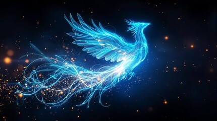 Digital Blue Phoenix Bird Representing AI Cybersecurity Solutions Rising to Safeguard Digital Infrastructure with Proactive Threat Detection and Response