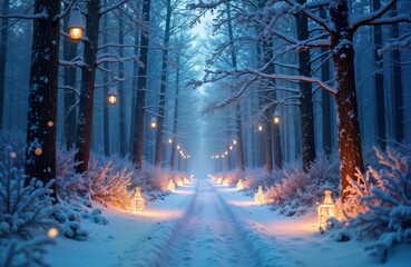 Winter forest path glows with warm light from lanterns. Snow blankets ground, trees. Mystical atmosphere perfect for Christmas New Year. Decorative lanterns line pathway. No people present in scene.