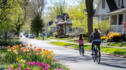 Caucasian female adult riding with child on bikes in a suburban neighborhood with spring flowers