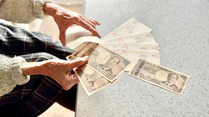 並べたお年玉袋に新1万円札を入れる高齢女性の手元