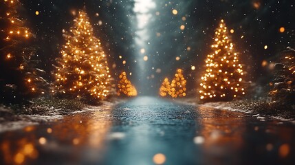 Illuminated Christmas Trees Snowy Winter Path
