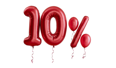 Letters red ten percent balloons with isolated against transparent background. Sale decoration and discount concept.

