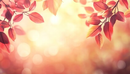 Fototapeta premium Autumn Red Leaves Soft Sunlight Bokeh Background Warm Peaceful Scene