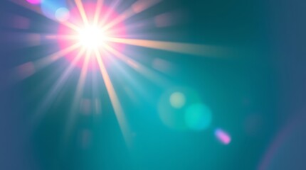 Luxurious and vibrant image with a bright lens flare and deep teal tones. Light streaks and vibrant colors. Modern, ethereal, abstract design. Retro film lens flare, bokeh, vintage photo overlayeffect