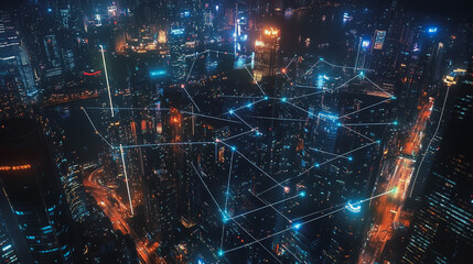 Fototapeta premium Smart digital Innovation city with connection network reciprocity over the cityscape. of future smart wireless digital city and social media networking systems that connects people with in city