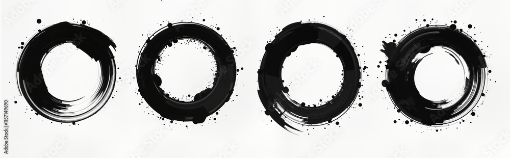 Poster Set of artistic black circle brush strokes on white background. Abstract design elements. Hand drawn ink circle frames banners. Creative graphic elements suitable for print, web app design. Modern