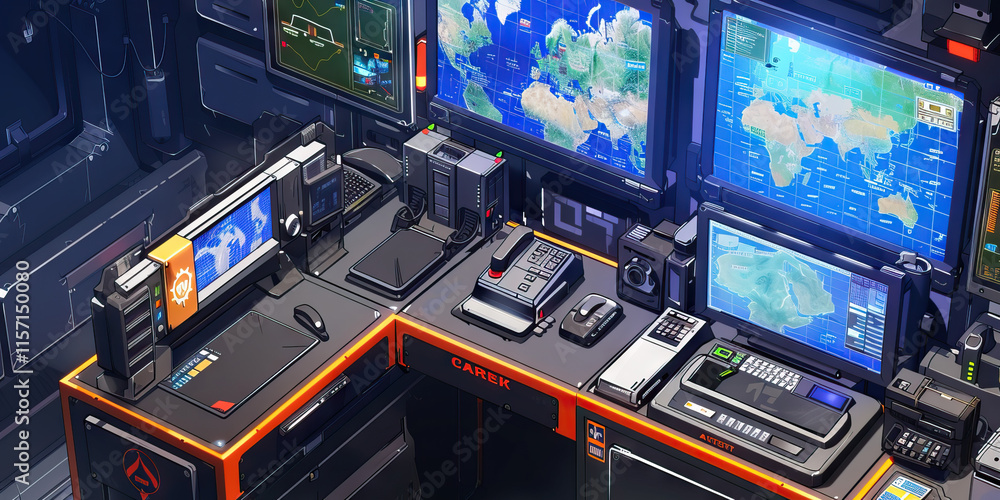 Aufkleber digital control room workstation with multiple monitors and technological devices