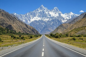 Majestic mountain view along a deserted highway in a remote landscape during bright daylight