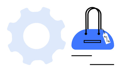 Blue handbag with price tag next to a light blue gear. Ideal for e-commerce, retail, online shopping, business, marketing, product management, technology. Line metaphor