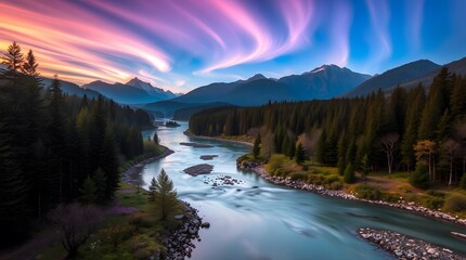 Spring Forest Mountain River in Sunlight