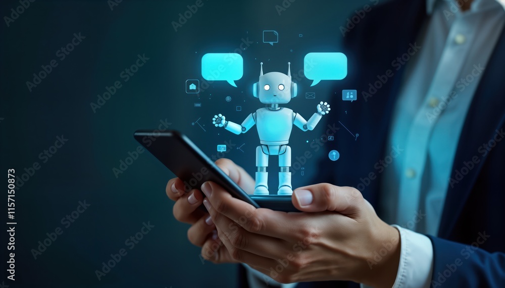 Leinwandbilder Person holds smartphone. Virtual robot assistant appears on screen. Chatbot provides online support for business data growth. Modern tech support concept. Smart app helps clients. Future of business