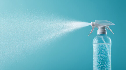 A clear spray bottle with a white nozzle sprays a fine mist of liquid against a teal background. Bubbles are visible in the bottle.