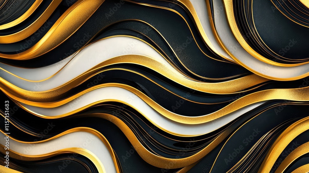 Poster vibrant golden wavy lines creating dynamic patterns on a dark backdrop, ideal for celebratory themes