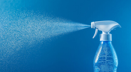 A blue spray bottle with a white nozzle sprays a fine mist against a vibrant blue background. Water droplets are visible on the bottle.