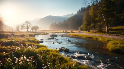 Spring Forest Mountain River in Sunlight