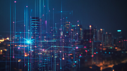 Fototapeta premium Smart digital Innovation city with connection network reciprocity over the cityscape. of future smart wireless digital city and social media networking systems that connects people with in city