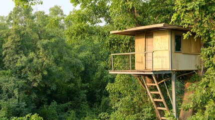 Sustainable materials architecture recycled concept. Treehouse nestled among lush greenery in a tranquil setting.