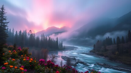 Spring Forest Mountain River in Sunlight