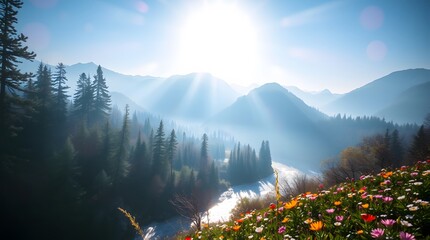 Spring Forest Mountain River in Sunlight