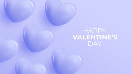 Happy Valentine's Day Festive Banner. Romantic background with 3d blue glossy hearts. Valentines Day holiday greetings. Vector Illustration.