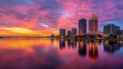 Obraz premium Breathtaking Cityscape Reflecting the Vibrant Sunset over a Serene River or Lake