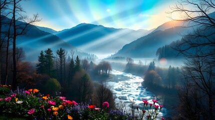 Spring Forest Mountain River in Sunlight