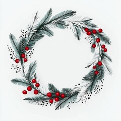 Holiday wreath decoration featuring red berries and pinecones against a light background