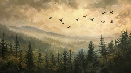 birds fly over the forest .