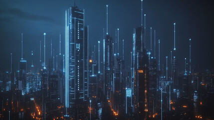 Naklejka premium Smart digital Innovation city with connection network reciprocity over the cityscape. of future smart wireless digital city and social media networking systems that connects people with in city