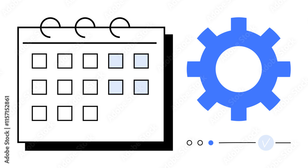 Poster calendar with highlighted dates, large blue gear, progress indicators. ideal for project management,
