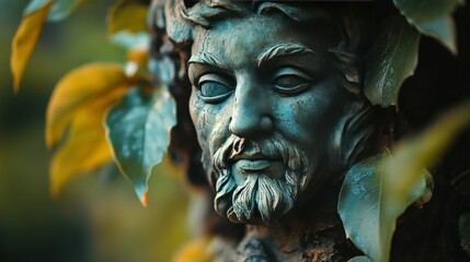 Obraz premium Ancient Stone Face, Mysterious Garden Sculpture