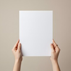 Female hands hold a blank sheet of paper on a beige background. Advertising space