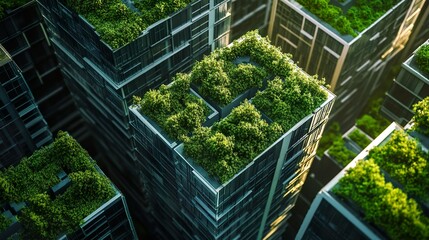 Aerial view of modern skyscrapers topped with lush greenery, blending urban architecture with nature for a sustainable cityscape.