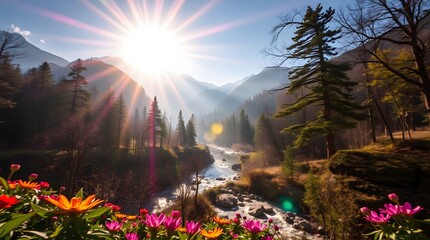 Spring Forest Mountain River in Sunlight