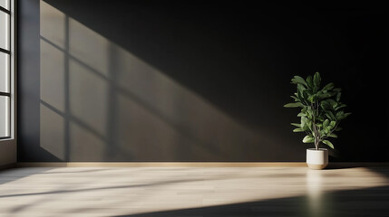 Natural light streaming through windows highlights a minimalist interior with a potted plant in the corner