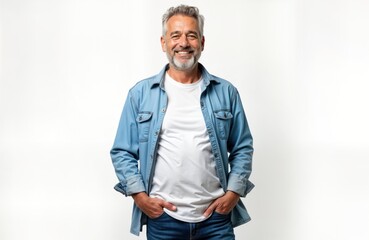Fototapeta premium Mature man smiles confidently. Stands relaxed against plain white background. Wears casual denim shirt over white t-shirt. Caucasian male with short gray hair. Studio portrait, casual style,