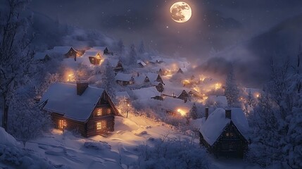 A peaceful night scene with the soft light of the moon illuminating a quiet village, casting a warm glow on the snow-covered rooftops
