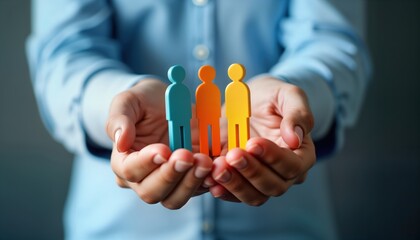 Hands hold three colorful figurines representing employees. Care, support of employees key. Human resource management enhances well-being, performance. Workplace culture of care, recognition for