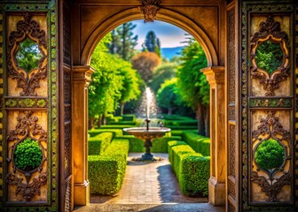 Fototapeta premium Close-Up Doorway View: Fountain, Trees, Sunlight, Architectural Detail, Nature Photography