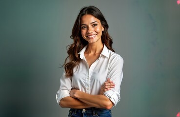 Confident young woman stands posing. Wears white shirt, happy expression. Arms crossed over chest. Long brown hair. Stylish, successful business woman shows great confidence. Ideal for business