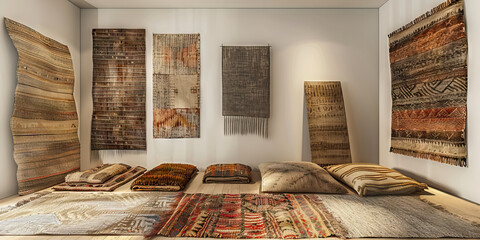 Arrangement of Woven Rugs and Tapestries in a Room Setting
