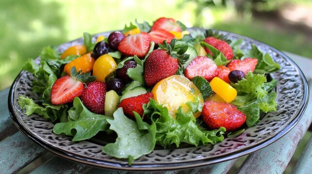 Colorful fresh fruit and mixed green salad in decorative bowl