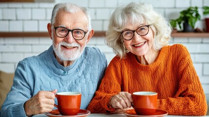 Delighted Elderly Couple Enjoying Coffee and Conversation in Cozy Home Setting