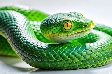 Obraz premium Close-Up Green Snake White Stone Background - Reptile Photography
